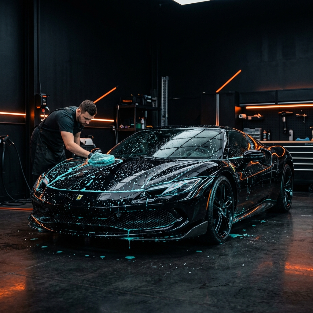 Dark sleek car being detailed